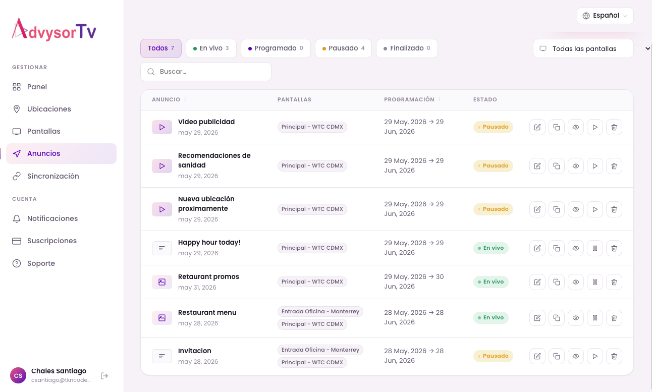 Lista de anuncios en AdvysorTV