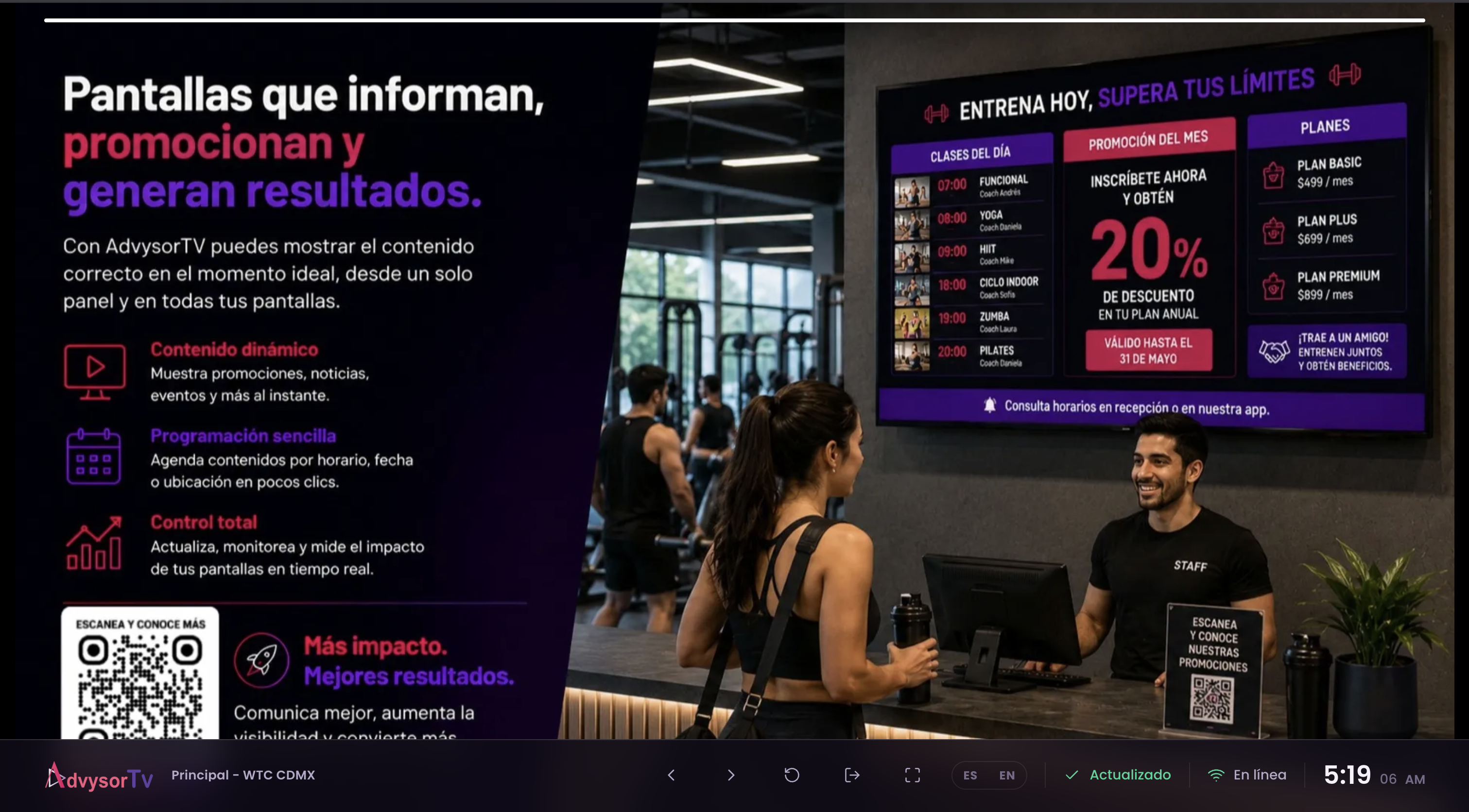 AdvysorTV mostrando contenido en una pantalla de gimnasio