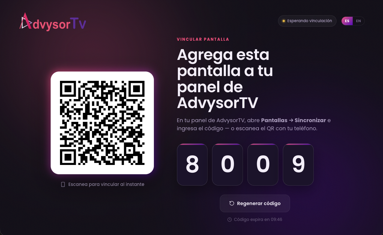 Pantalla de vinculación de AdvysorTV con código QR